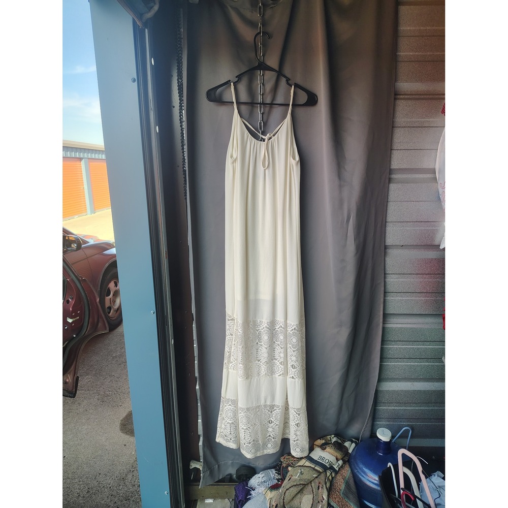 Fab'rik Cream Crochet Lace Tiered Maxi Dress Sleeveless Boho Summer Small SL1009